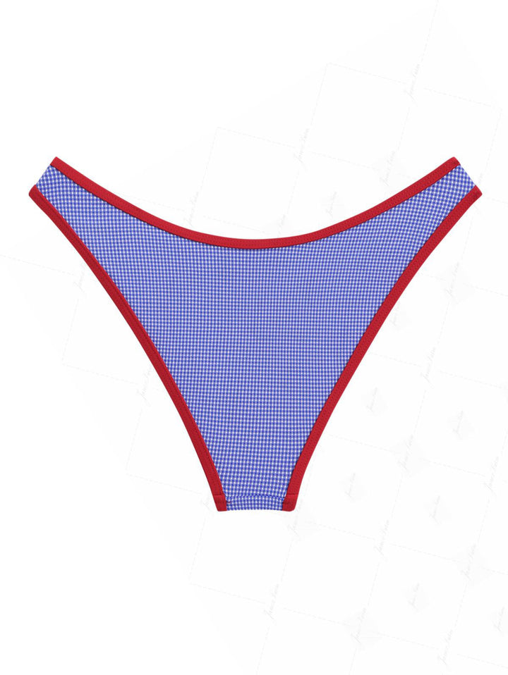 Navy Blue Knitted Plaid Bowknot Contrast Binding Hipster Bikini Bottom