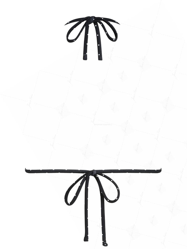 Black Polka Dot Print  Lace Bowknot Halter Triangle Bikini Top