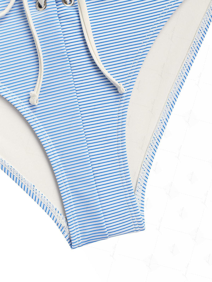 Sky Blue Striped Contrast Binding Halter Triangle Half-Cover Bikini Set