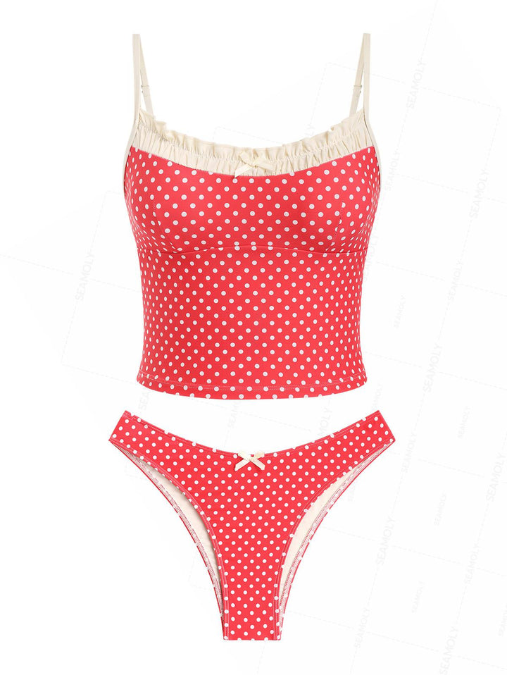 Seamolly Polka Dot Print Ruched Ruffles Bowknot Cheeky Tankini Set