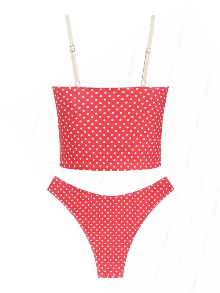 Seamolly Polka Dot Print Ruched Ruffles Bowknot Cheeky Tankini Set