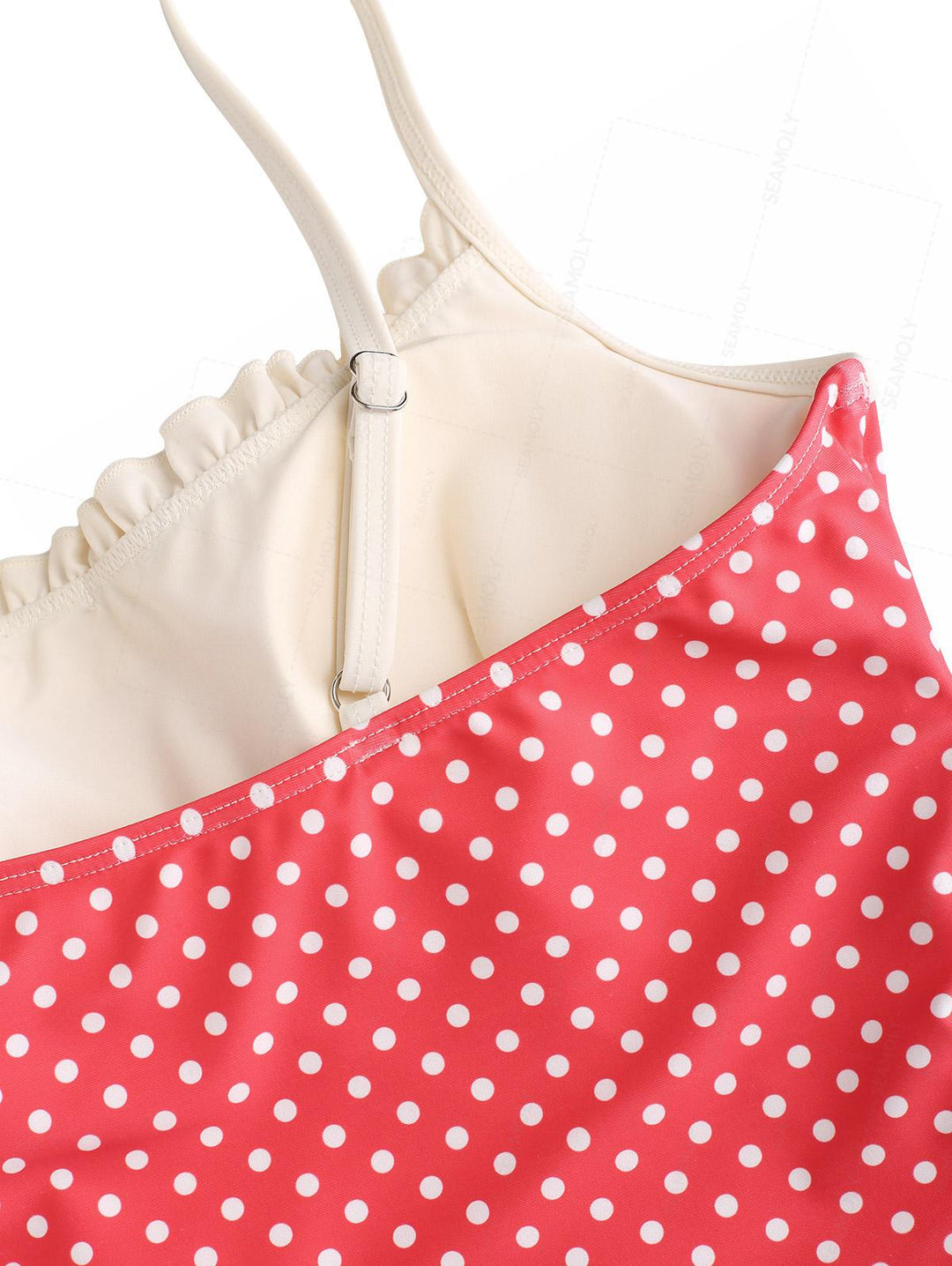 Seamolly Polka Dot Print Ruched Ruffles Bowknot Cheeky Tankini Set