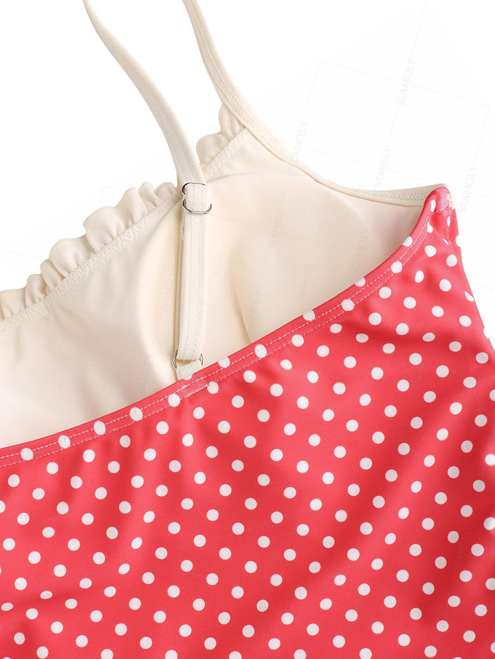 Seamolly Polka Dot Print Ruched Ruffles Bowknot Cheeky Tankini Set