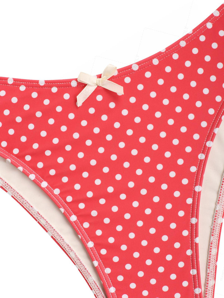 Seamolly Polka Dot Print Ruched Ruffles Bowknot Cheeky Tankini Set