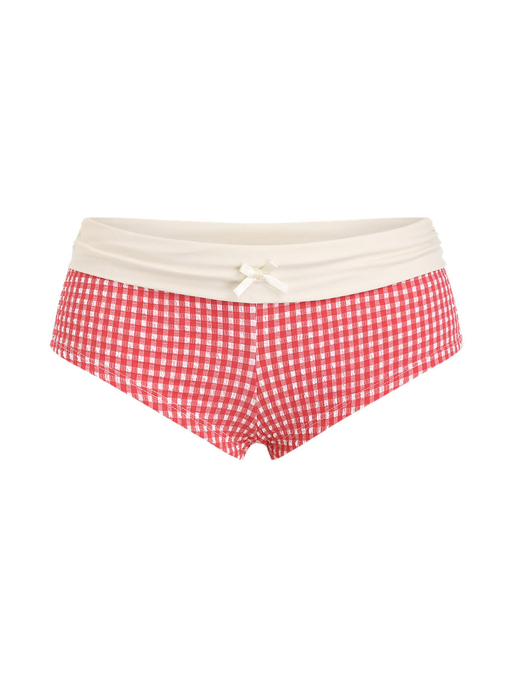Seamolly Gingham Textured Bowknot Foldover Bikini Bottom Cheeky Swim Boyshorts