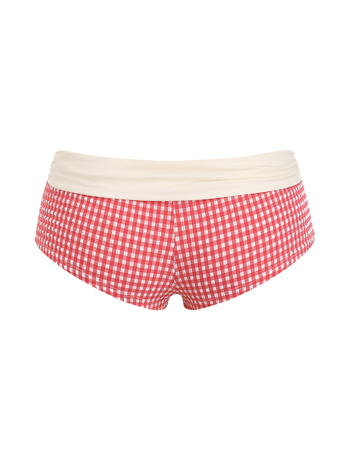 Seamolly Gingham Textured Bowknot Foldover Bikini Bottom Cheeky Swim Boyshorts