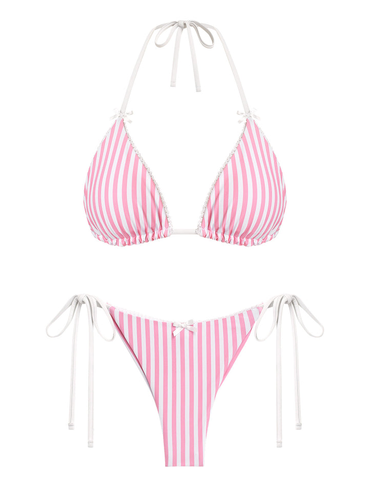 Seamolly Striped Lace Bowknot Triangle Top & Brazilian Bottom Bikini Set