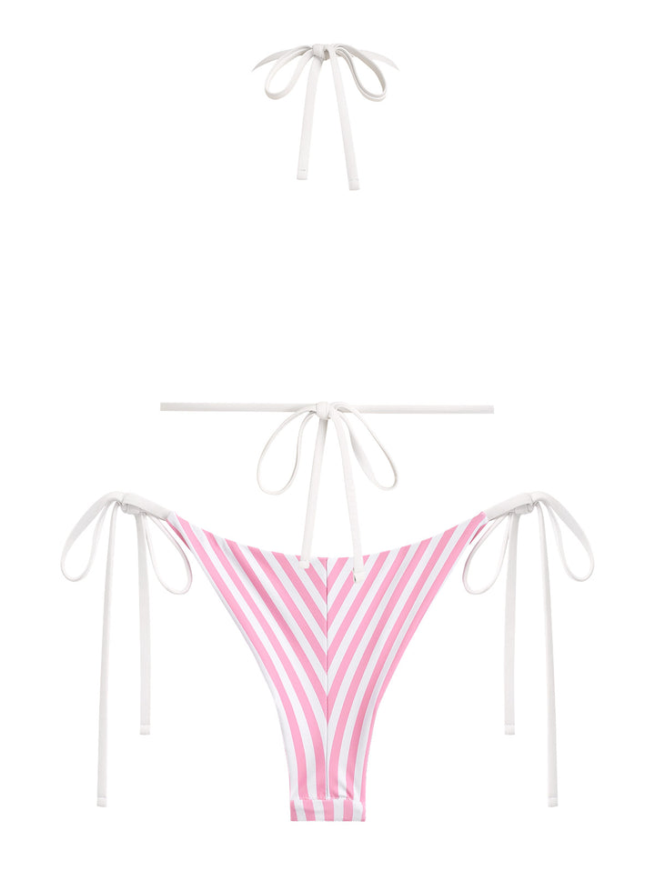 Seamolly Striped Lace Bowknot Triangle Top & Brazilian Bottom Bikini Set