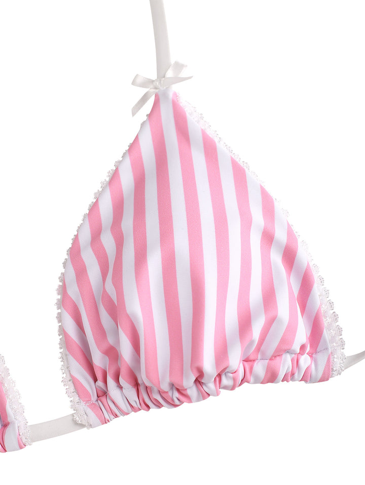 Seamolly Striped Lace Bowknot Triangle Top & Brazilian Bottom Bikini Set
