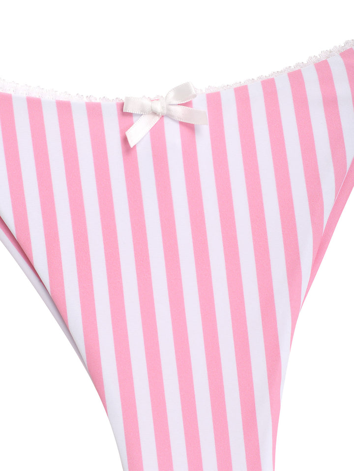 Seamolly Striped Lace Bowknot Triangle Top & Brazilian Bottom Bikini Set