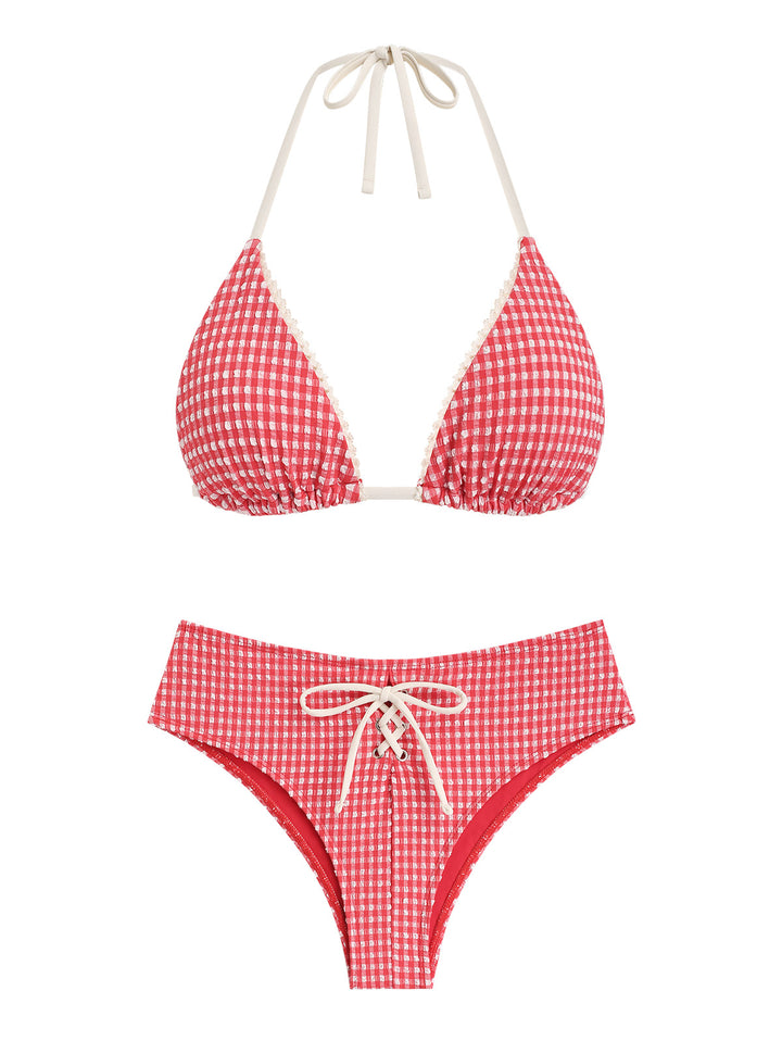 Seamolly Gingham Textured Grommet Lace Up Cheeky Bikini Set