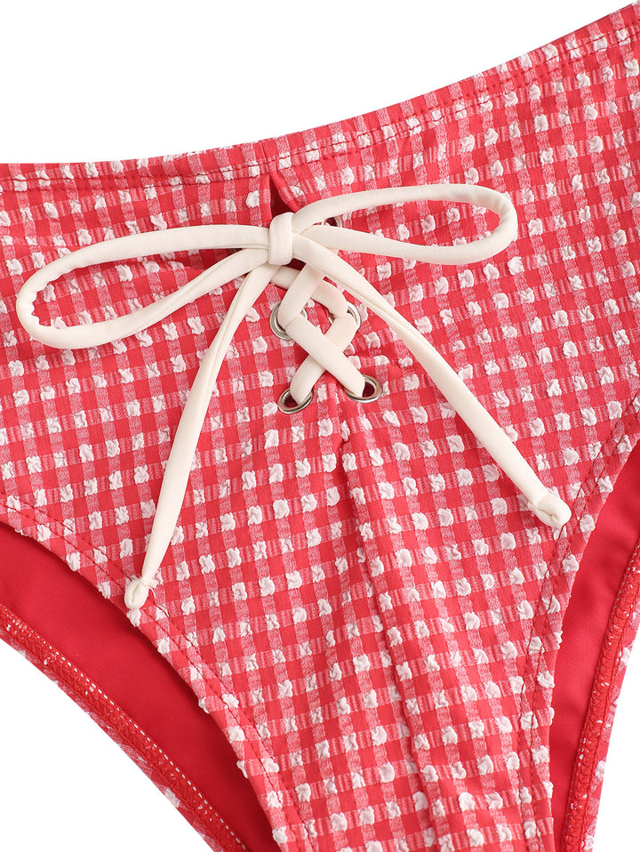 Seamolly Gingham Textured Grommet Lace Up Cheeky Bikini Set