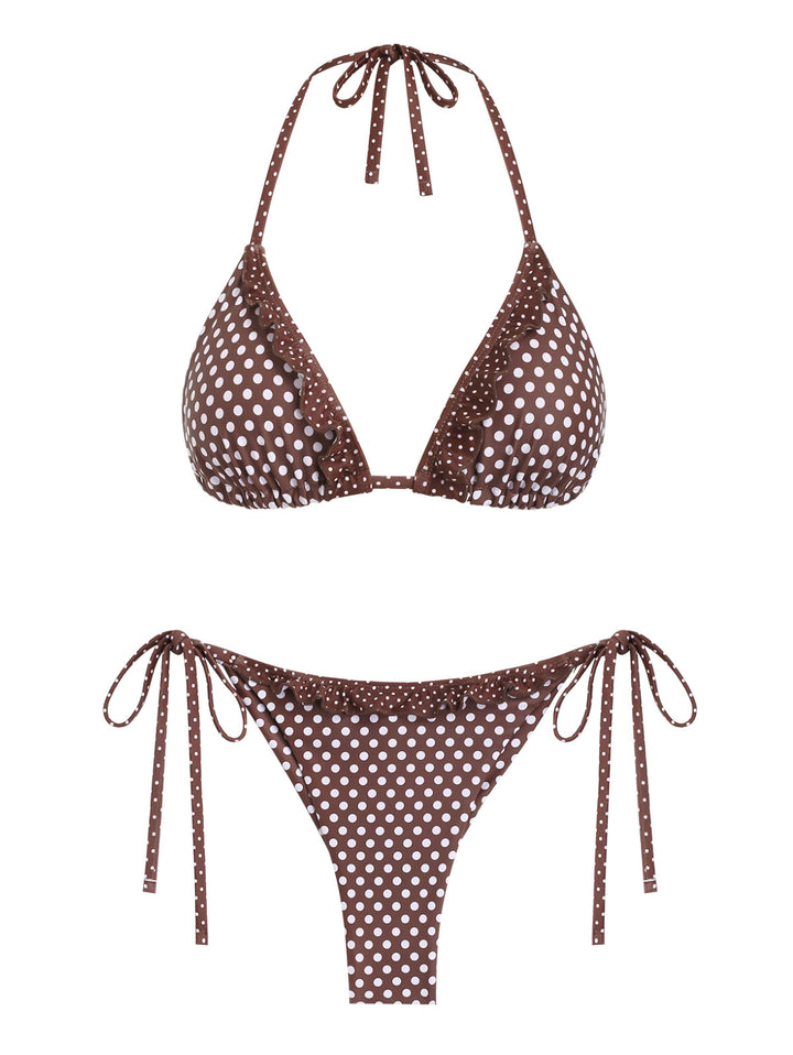 Seamolly Polka Dot Print Ruffles Triangle Top & Brazilian Bottom Bikini Set