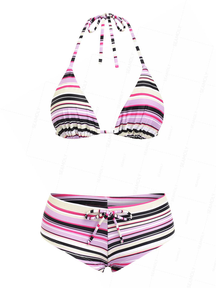 Seamolly Striped Bowknot Halter Triangle Boyshorts Bikini Set