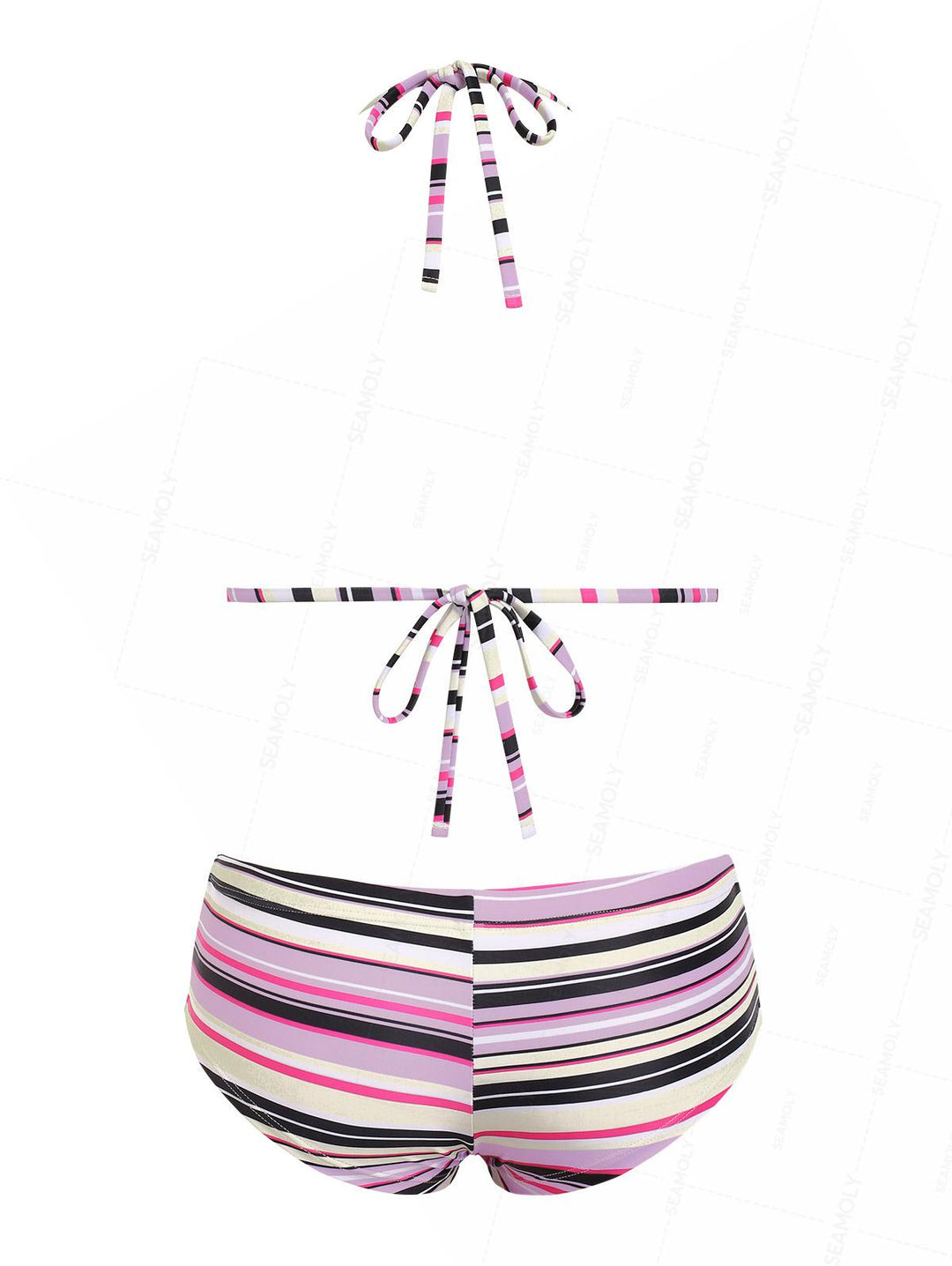 Seamolly Striped Bowknot Halter Triangle Boyshorts Bikini Set