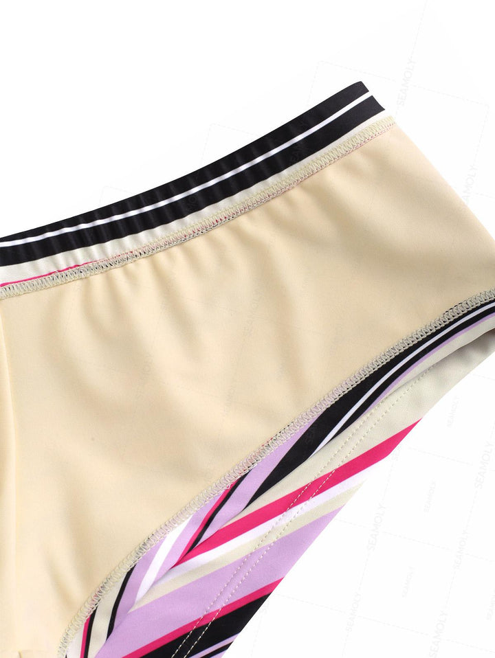 Seamolly Striped Bowknot Halter Triangle Boyshorts Bikini Set