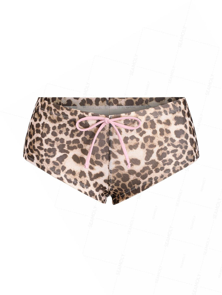 Seamolly Leopard Print Bowknot Bikini Bottom Cheeky Swim Boyshorts