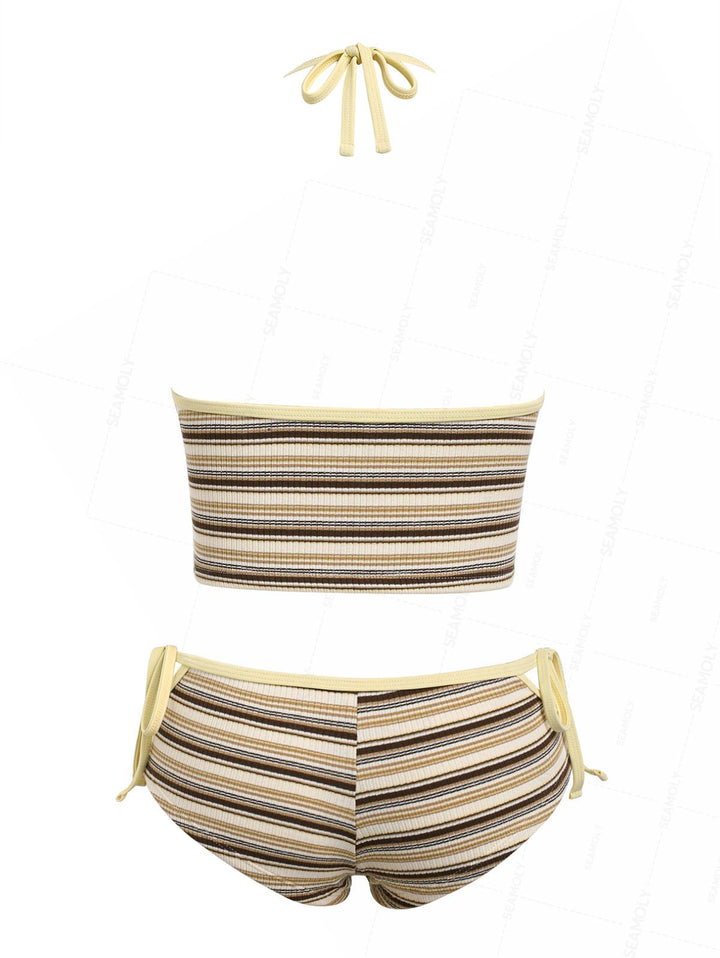 Seamolly Striped Ribbed Halter Cutout Tied Side Boyshorts Tankini Set