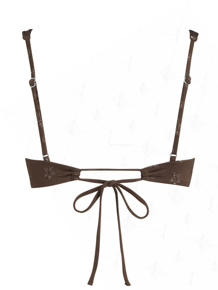 Deep Coffee Recycled Fabric Eyelet Jacquard Tied Underwire Bikini Top