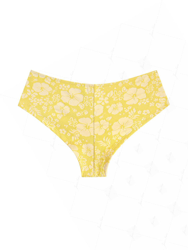 Yellow Recycled Fabric Jacquard Grommet Lace Up Bikini Bottom Cheeky Swim Boyshorts