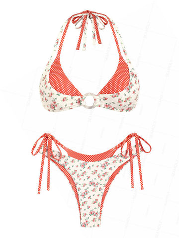 Seamolly Tiny Floral Polka Dot Print O Ring Double Layer Bikini Set