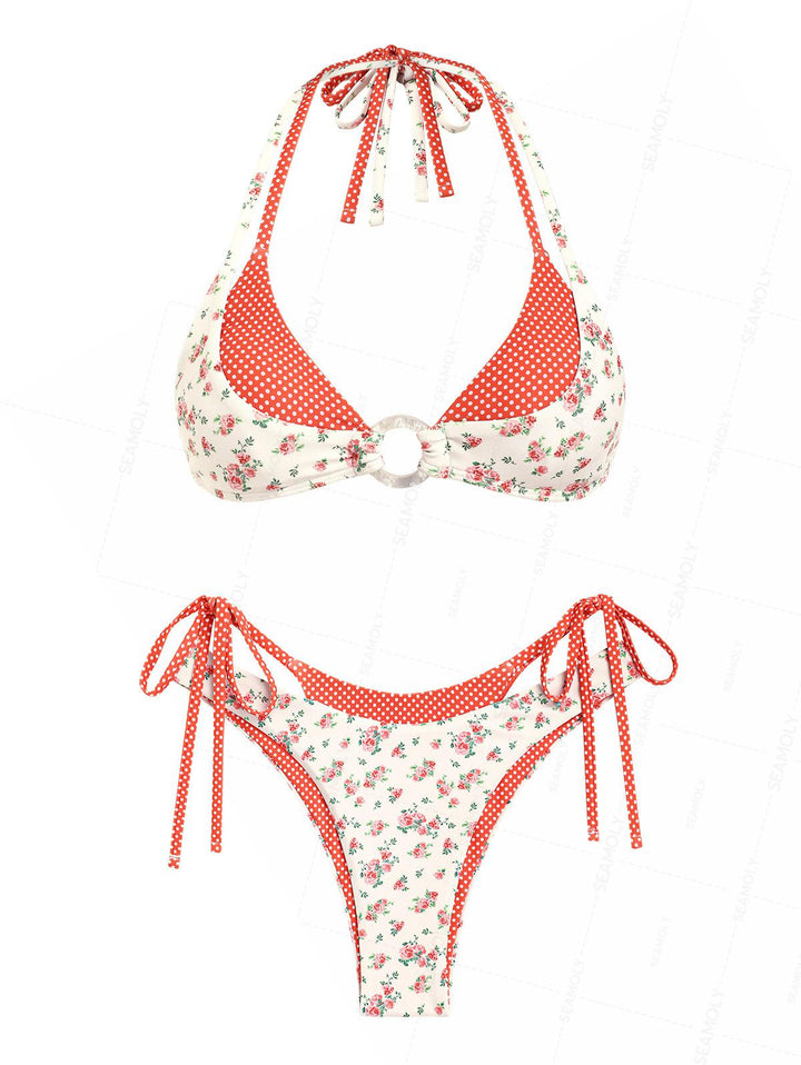 Seamolly Tiny Floral Polka Dot Print O Ring Double Layer 2 In 1 Bikini Set