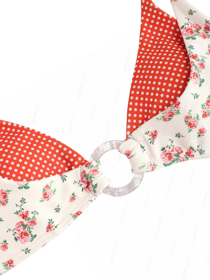 Seamolly Tiny Floral Polka Dot Print O Ring Double Layer 2 In 1 Bikini Set