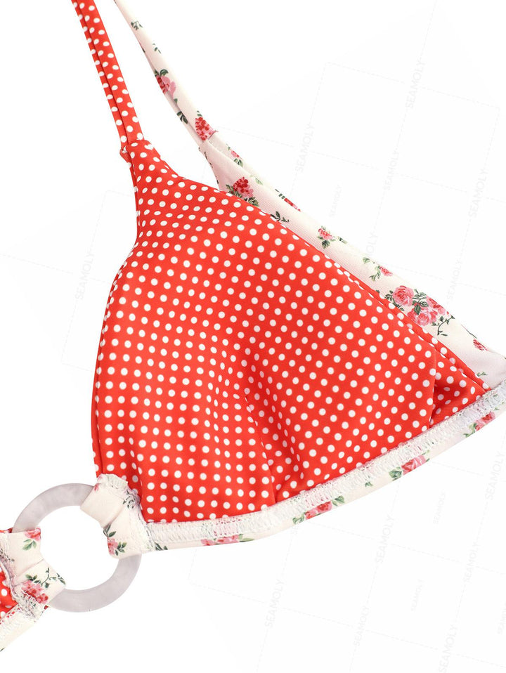 Seamolly Tiny Floral Polka Dot Print O Ring Double Layer 2 In 1 Bikini Set