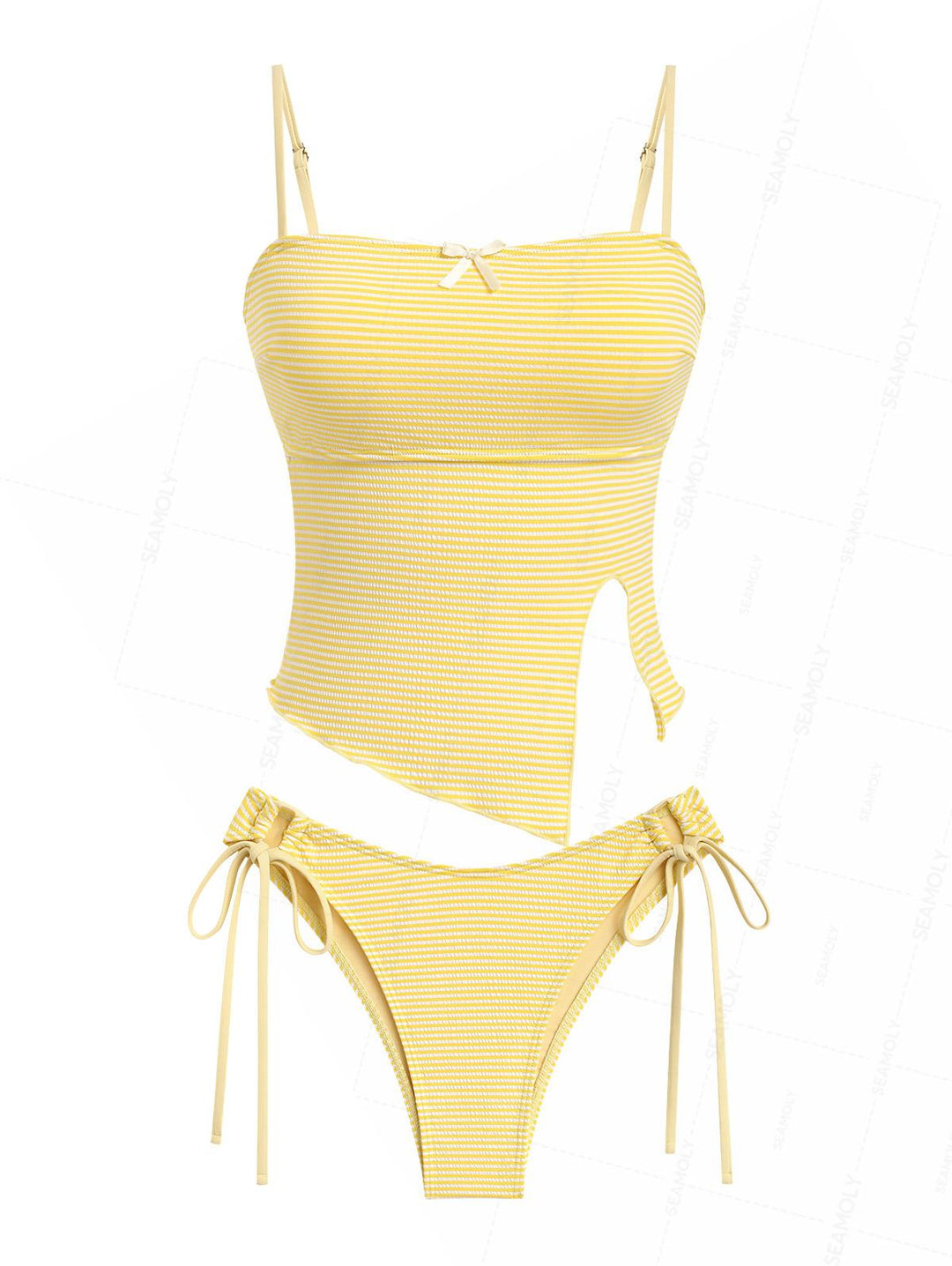 Seamolly Striped Asymmetrical Hem Slit Bowknot Cinched Tie Side Tankini Set