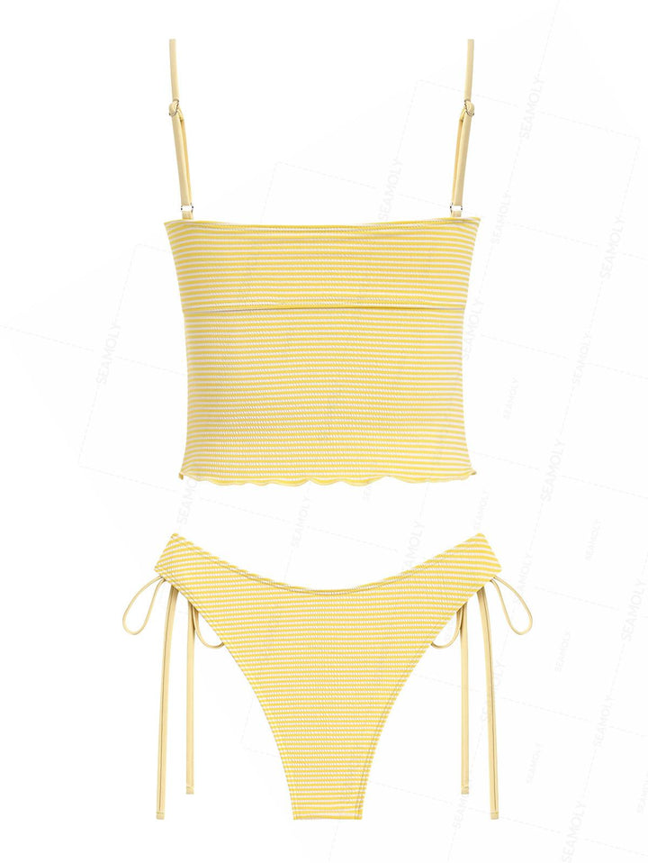 Seamolly Striped Asymmetrical Hem Slit Bowknot Cinched Tie Side Tankini Set