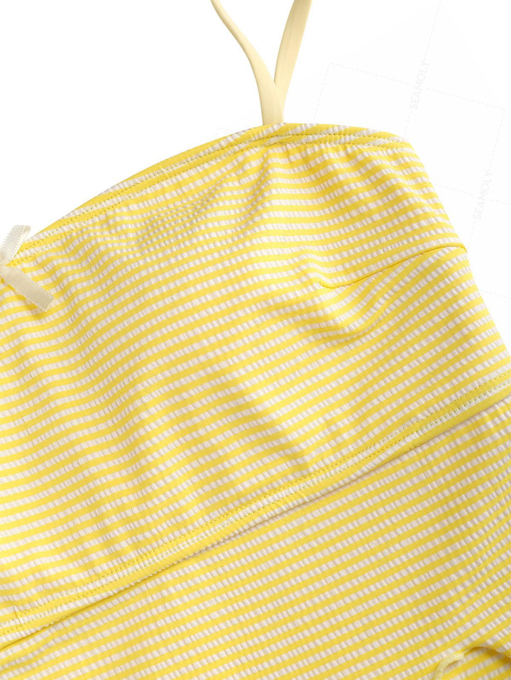 Seamolly Striped Asymmetrical Hem Slit Bowknot Cinched Tie Side Tankini Set