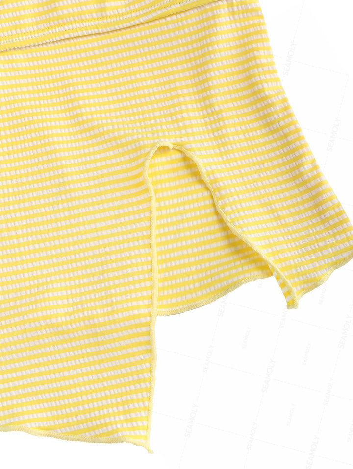 Seamolly Striped Asymmetrical Hem Slit Bowknot Cinched Tie Side Tankini Set