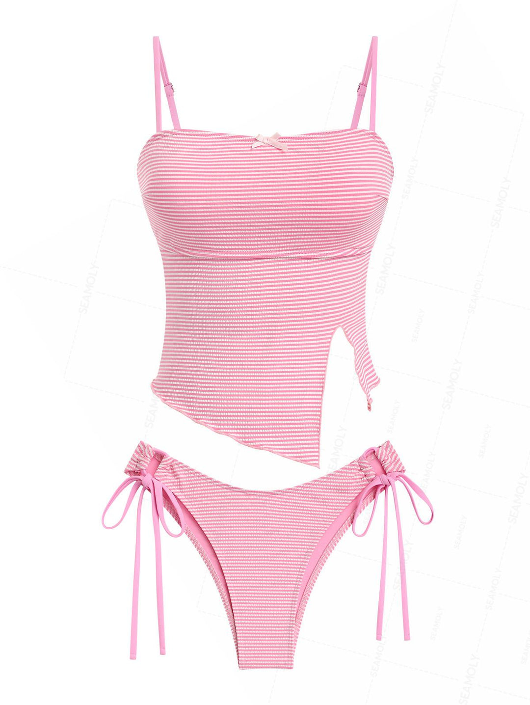 Seamolly Striped Asymmetrical Hem Slit Bowknot Cinched Tie Side Tankini Set