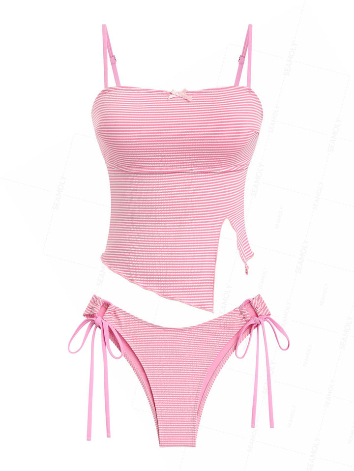Seamolly Striped Asymmetrical Hem Slit Bowknot Cinched Tie Side Tankini Set