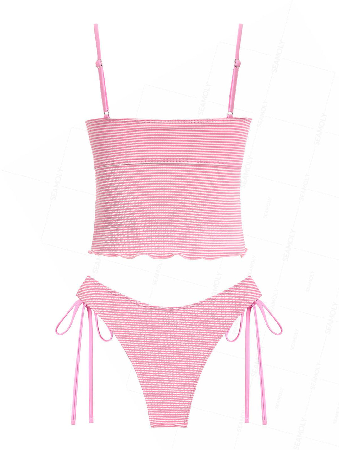 Seamolly Striped Asymmetrical Hem Slit Bowknot Cinched Tie Side Tankini Set