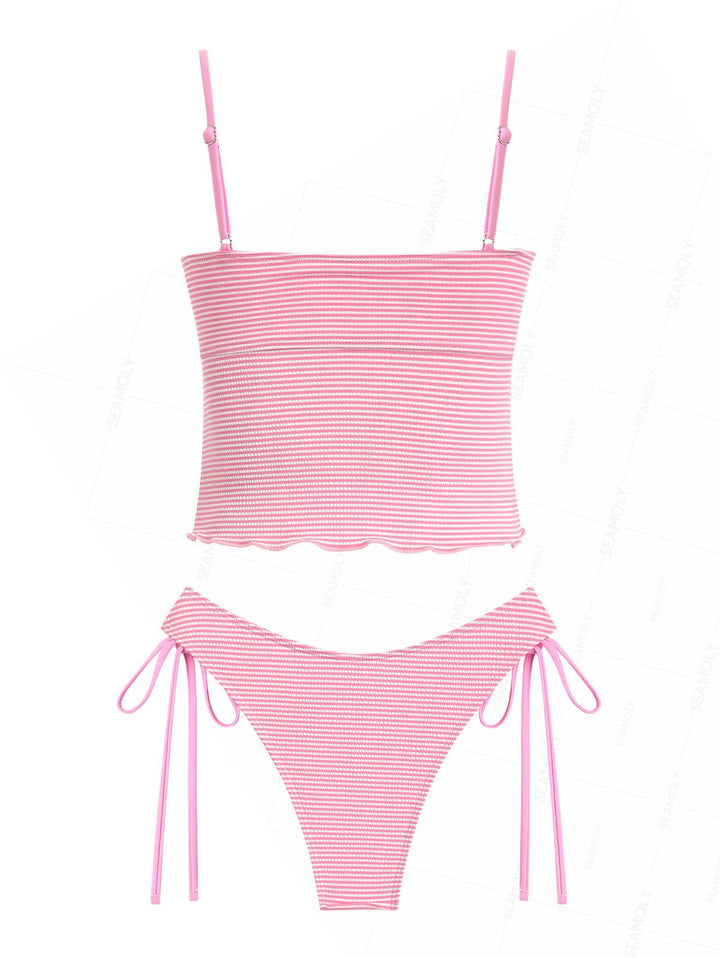Seamolly Striped Asymmetrical Hem Slit Bowknot Cinched Tie Side Tankini Set