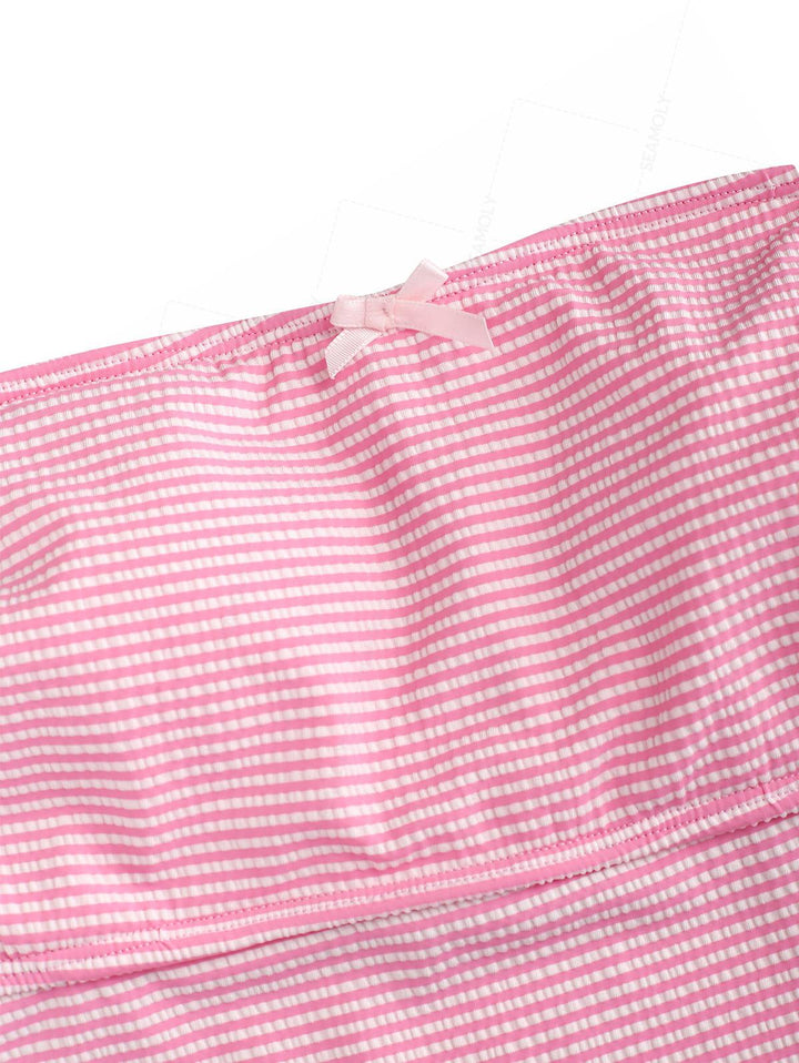 Seamolly Striped Asymmetrical Hem Slit Bowknot Cinched Tie Side Tankini Set