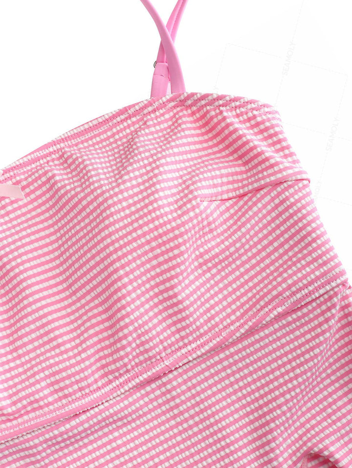 Seamolly Striped Asymmetrical Hem Slit Bowknot Cinched Tie Side Tankini Set