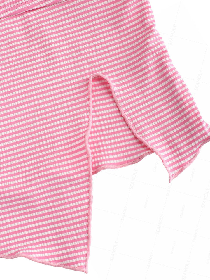 Seamolly Striped Asymmetrical Hem Slit Bowknot Cinched Tie Side Tankini Set