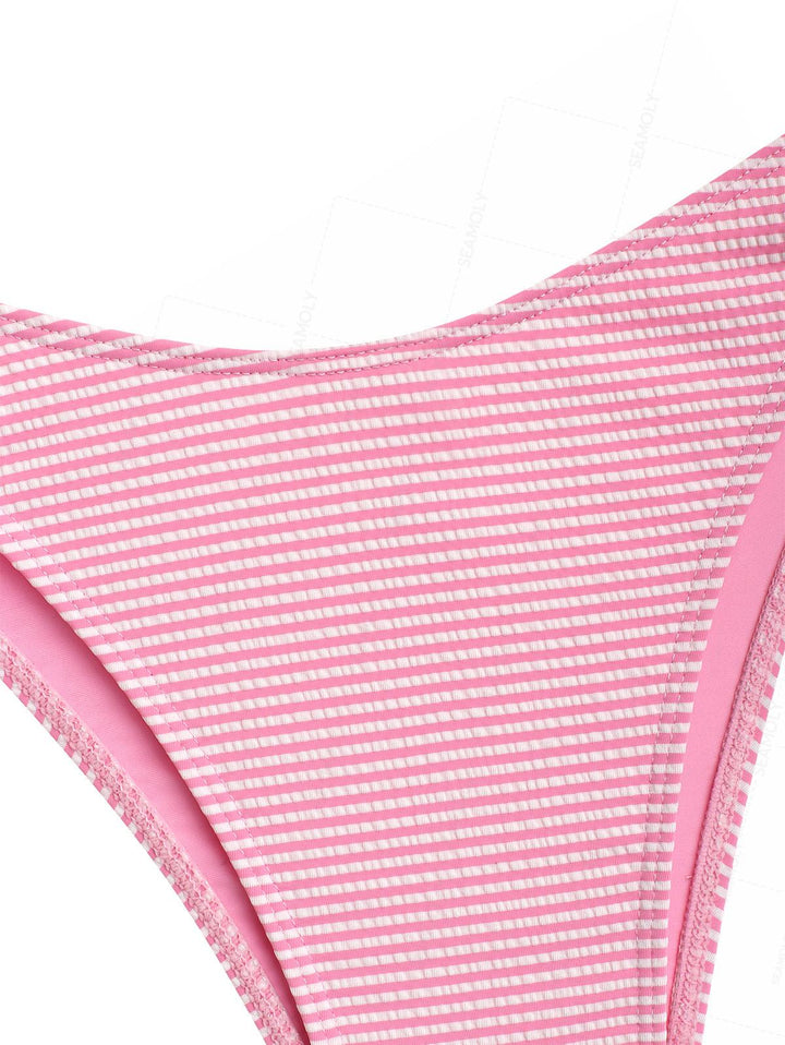 Seamolly Striped Asymmetrical Hem Slit Bowknot Cinched Tie Side Tankini Set