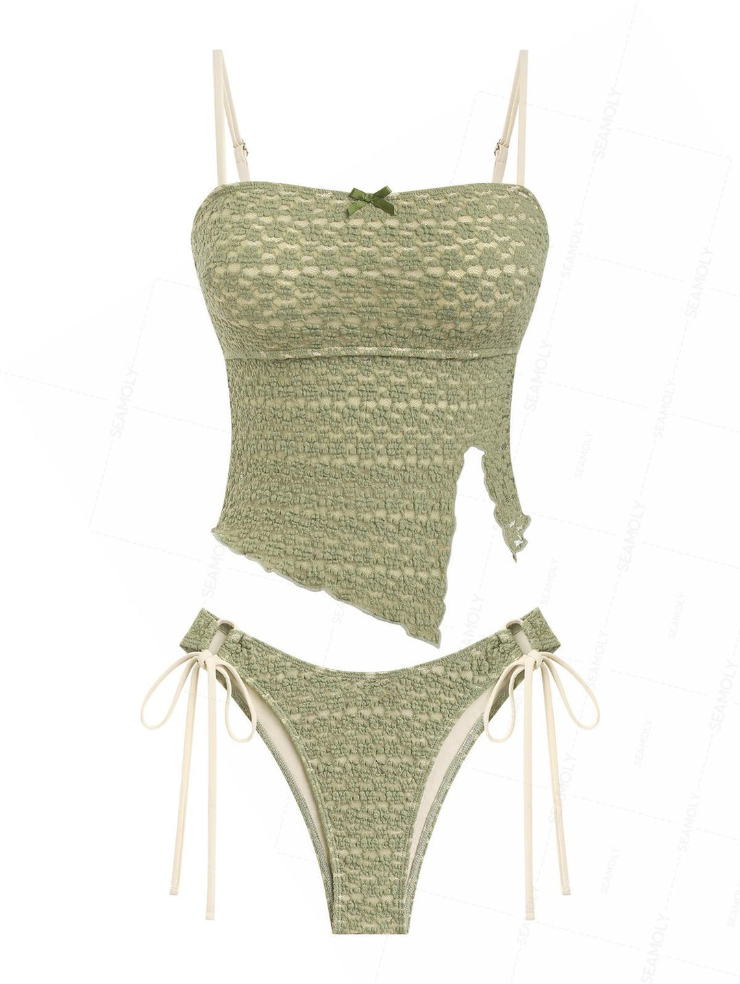Seamolly Lace Jacquard Asymmetrical Hem Slit Bowknot Tankini Set