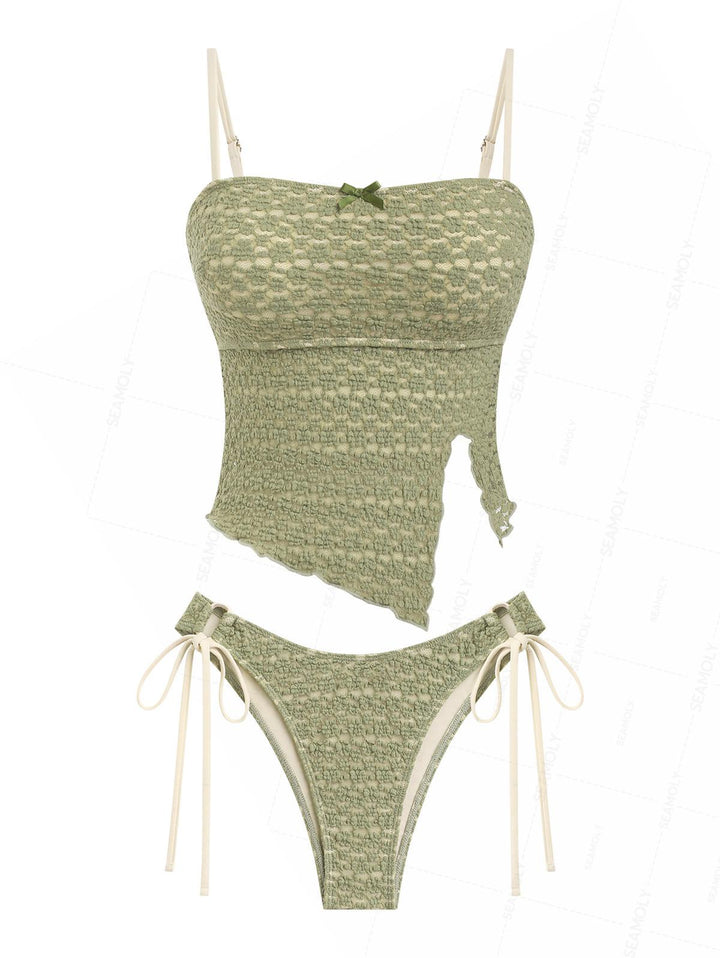 Seamolly Lace Jacquard Asymmetrical Hem Slit Bowknot Tankini Set