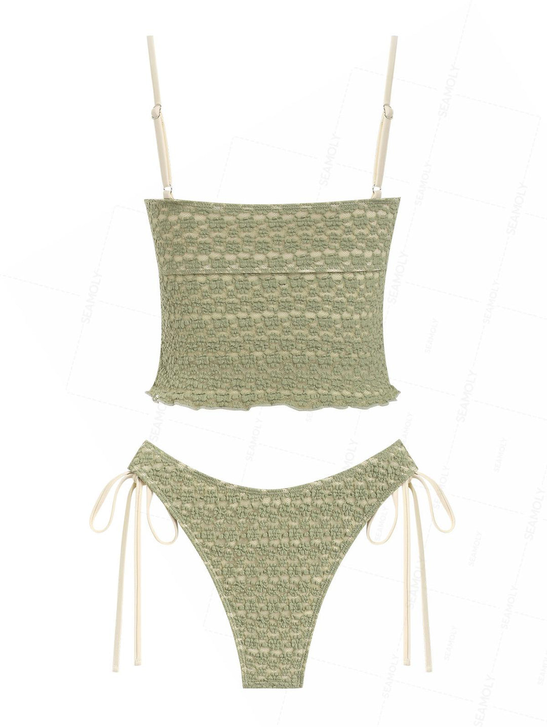 Seamolly Lace Jacquard Asymmetrical Hem Slit Bowknot Tankini Set