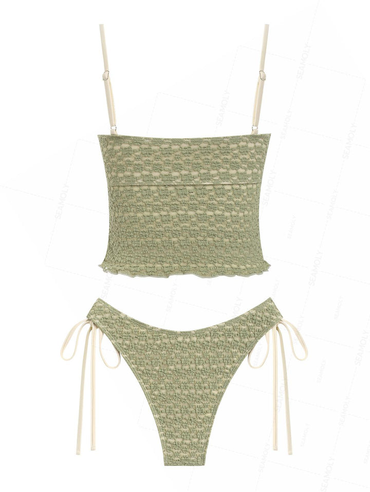 Seamolly Lace Jacquard Asymmetrical Hem Slit Bowknot Tankini Set