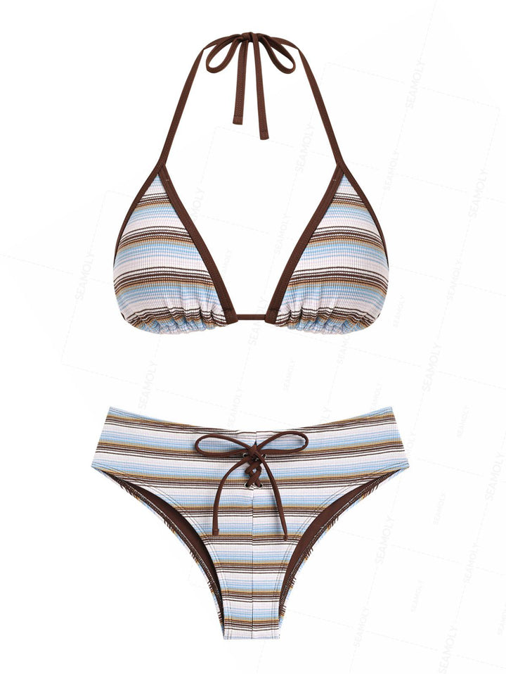 Seamolly Knit Striped Contrast Binding Lace Up Half-Covered Bikini Set