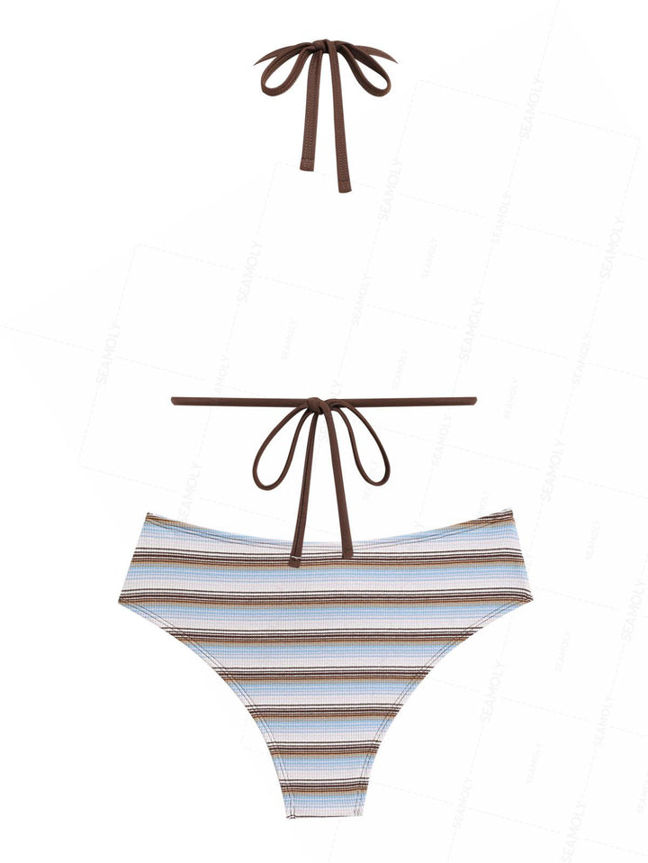 Seamolly Knit Striped Contrast Binding Lace Up Half-Covered Bikini Set