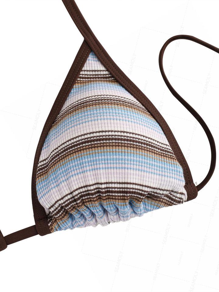 Seamolly Knit Striped Contrast Binding Lace Up Half-Covered Bikini Set