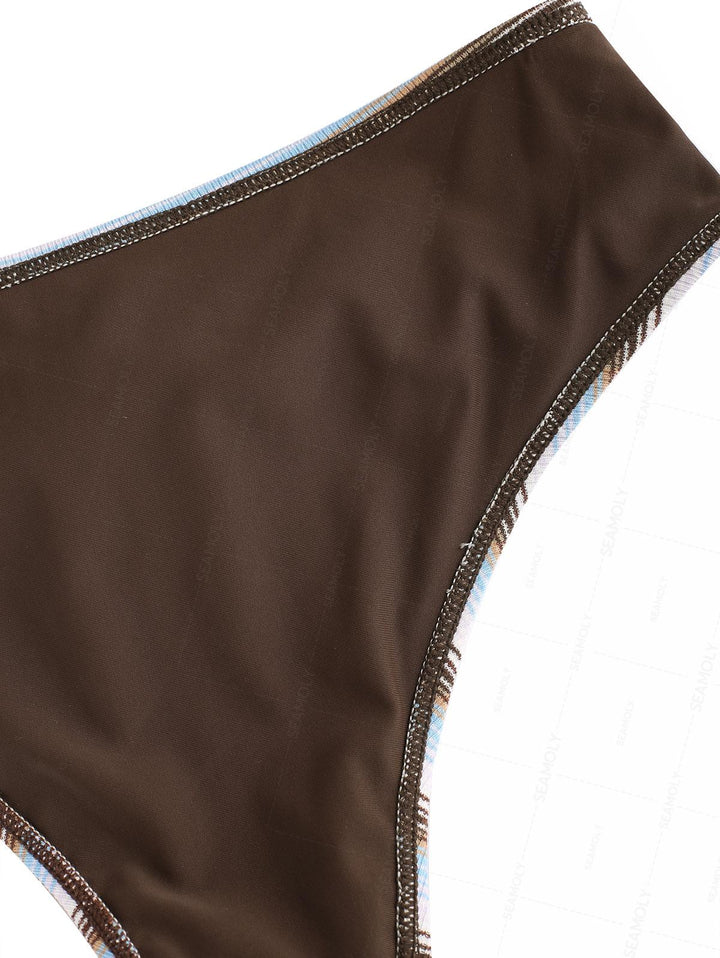 Seamolly Knit Striped Contrast Binding Lace Up Half-Covered Bikini Set