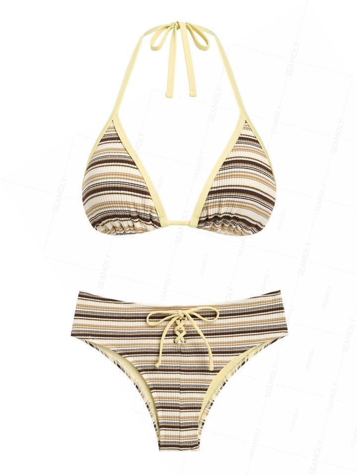 Seamolly Knit Striped Contrast Binding Lace Up Half-Covered Bikini Set