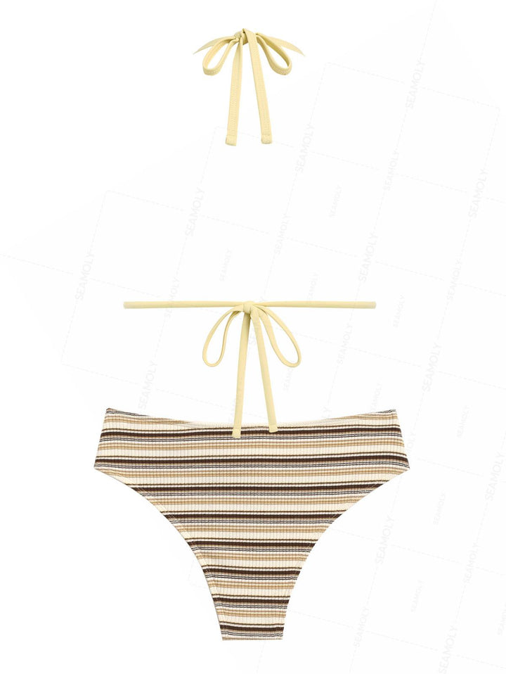Seamolly Knit Striped Contrast Binding Lace Up Half-Covered Bikini Set